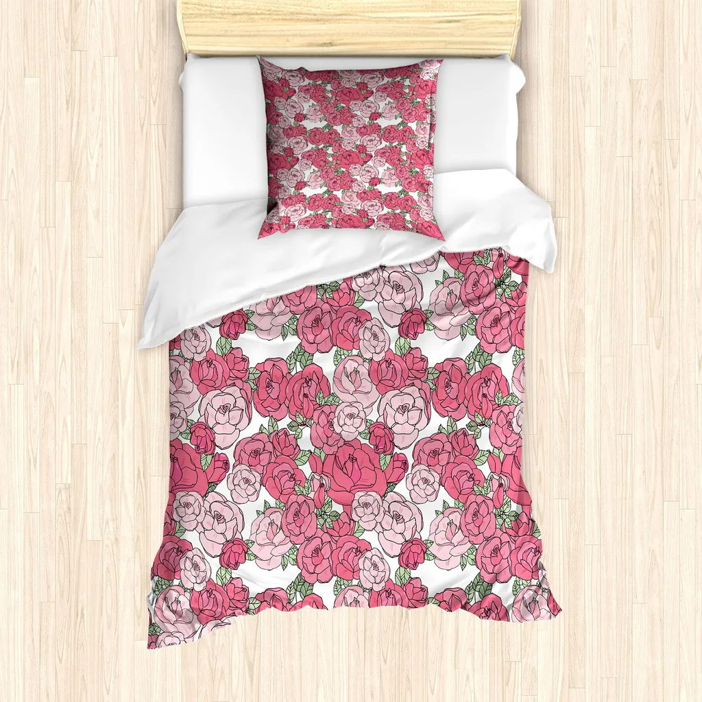 ABAKUHAUS Set copripiumino romantico per letti singoli, motivo floreale con rose, antiacaro, adatto a chi soffre di allergie, con federa, 135 cm x 200 cm - 80 x 80 cm, bianco, verde, rosa pastello