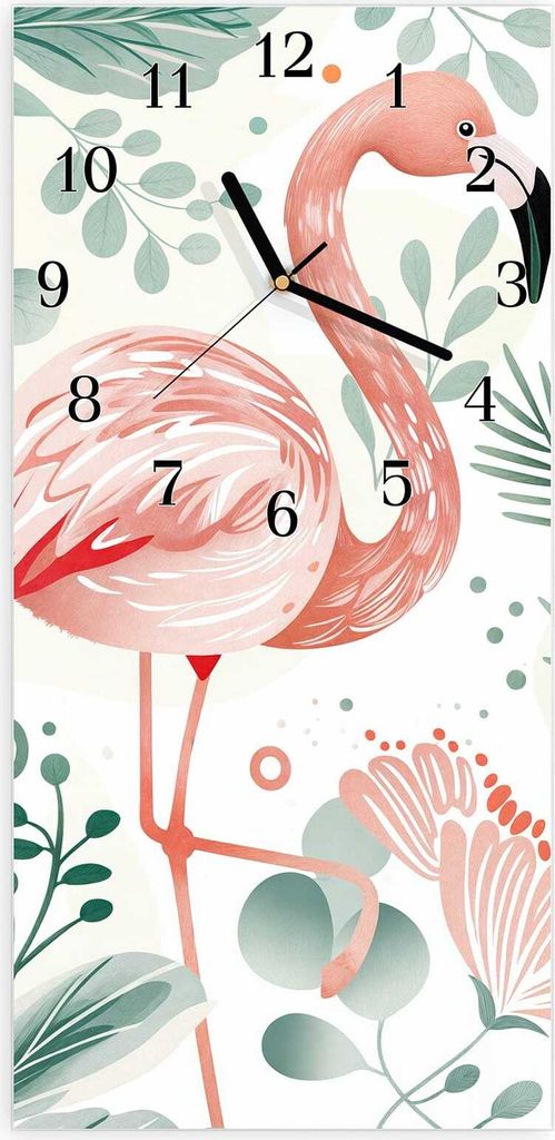 Wanduhr aus Glas mit Motiv Flamingo Blätter- 30 x 60 cm - inkl. Aufhängesystem