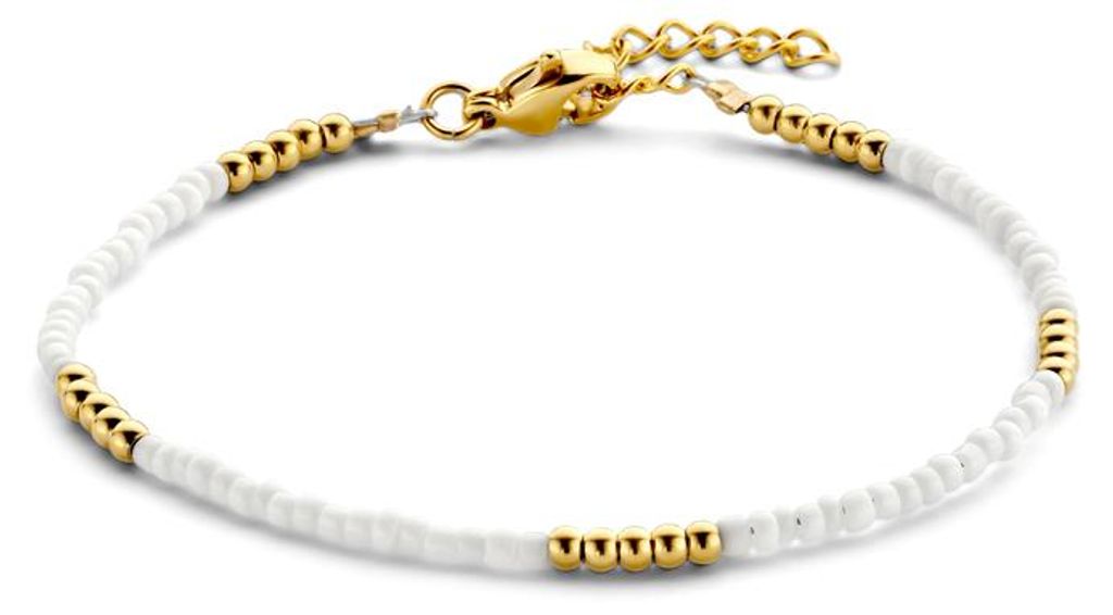 CO88 Collection 8CB-90906 Stahlarmband – Damen – Perlen – 16,5 + 3 cm – Stahl – Weiß – 2 und 3 mm – Goldfarben