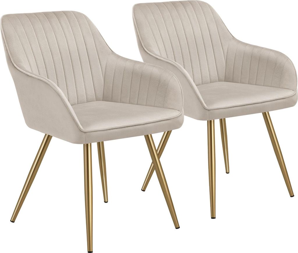 Two beige upholstered chairs with gold legs on a white background.