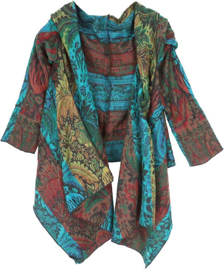 Offener Boho Cardigan, Plus Size Jacke mit Kapuze - Türkis/bunt, Damen, Blau, Polyacryl, Jacken, Mäntel & Ponchos