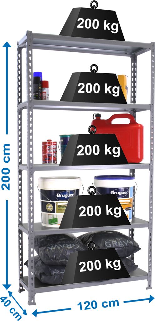 PROREGAL Schwerlastregal BIG METAL SHARK | HxBxT 200x120x40cm | Fachlast 200kg | Grau