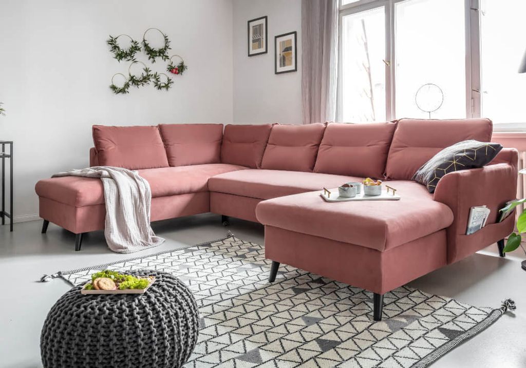 MIUFORM Stylish Stan - Ecksofa mit Bettfunktion und Bettkasten U-FORM LINKS - 300x198cm - Velours Puderrosa - Sofa Schlafsofa Couch