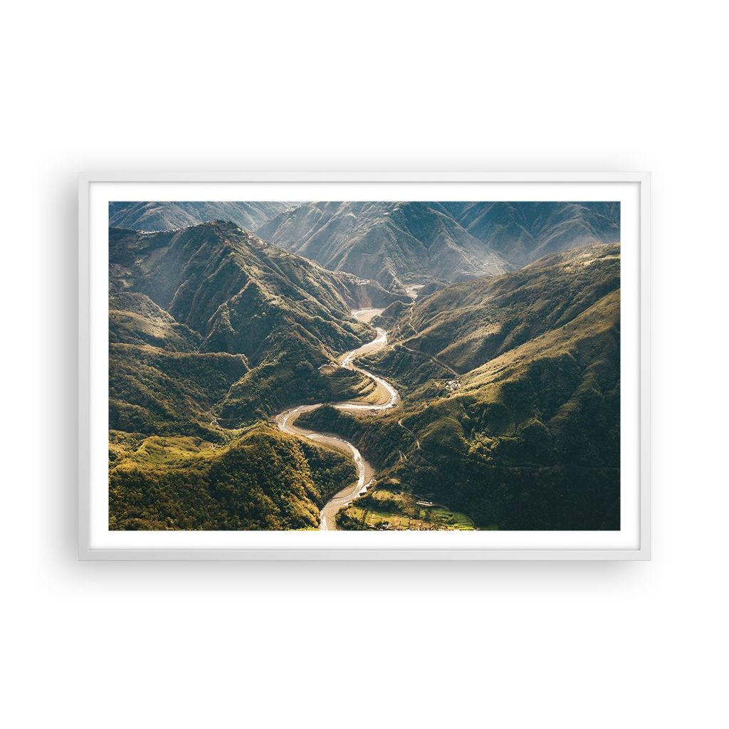 Gerahmtes Poster - Weißer Rahmen - Berge Weg Wald - 91,5x61 cm - Wand Bild - Wanddeko - Wandbilder - Kunstposter - Wandposter - Bilderrahmen - Bil...