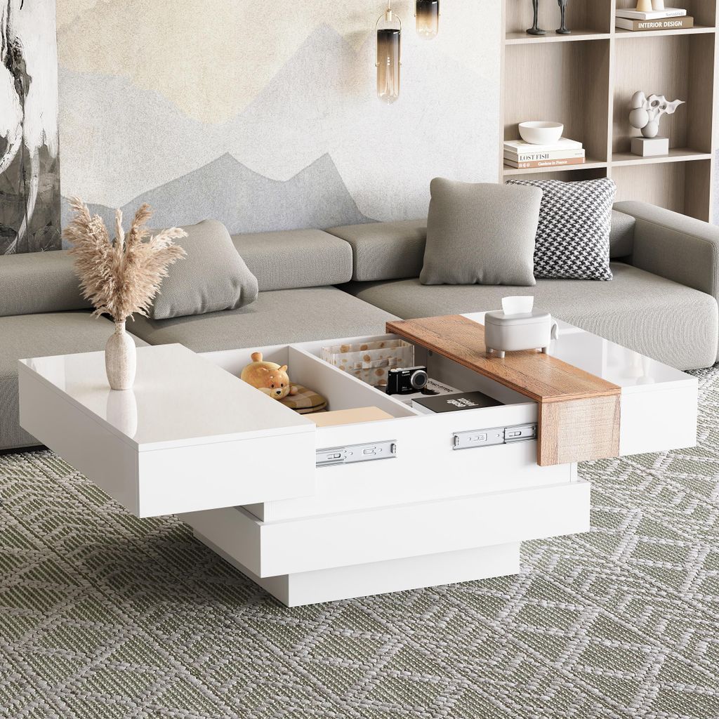 Sweiko 70x70x39cm hochglanz mit ausziehbarer Tischplatte, Beistelltisch, Quadratischer Couchtisch mit verstecktem Stauraum und Trennwänden, weiß ...