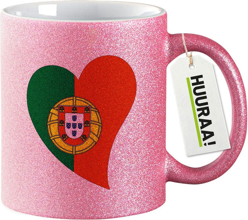 Huuraa Glitzertasse Portugal Flagge Herz 330ml Pink Keramik Kaffeebecher Geschenkidee