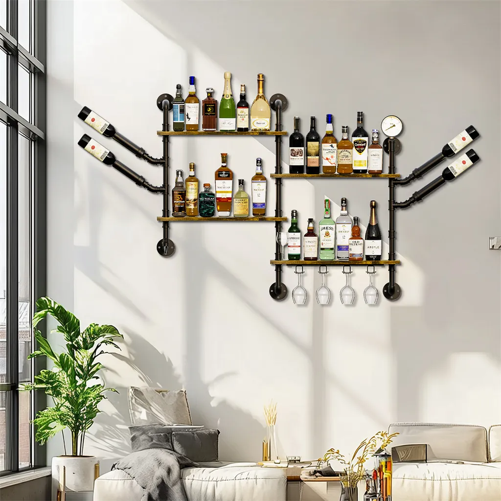 Porte-Bouteilles d'Angle au Design Industriel et Étagères de Rangement - 6