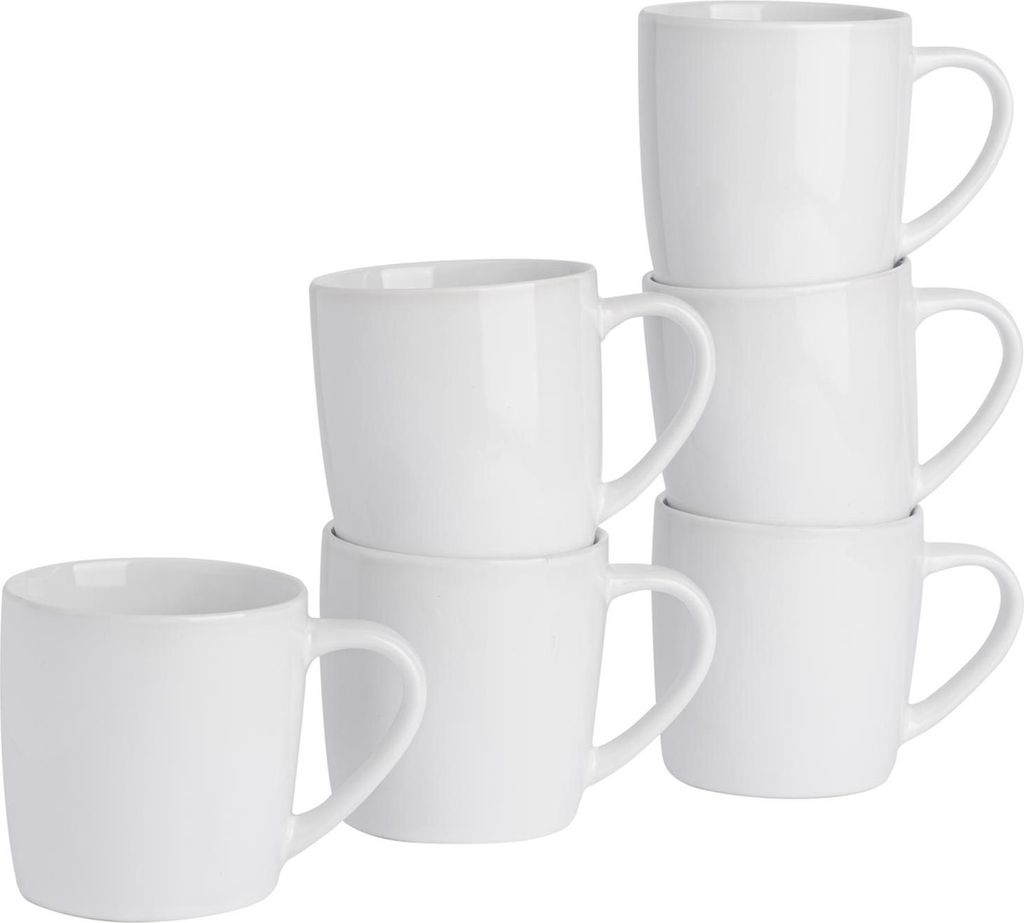 Argon Ta Farbige Kaffeetassen – 350 ml – Weiß – 6er-Pack – Robuste Teetasse aus Steingut, spülmaschinen- und mikrowellengeeignet