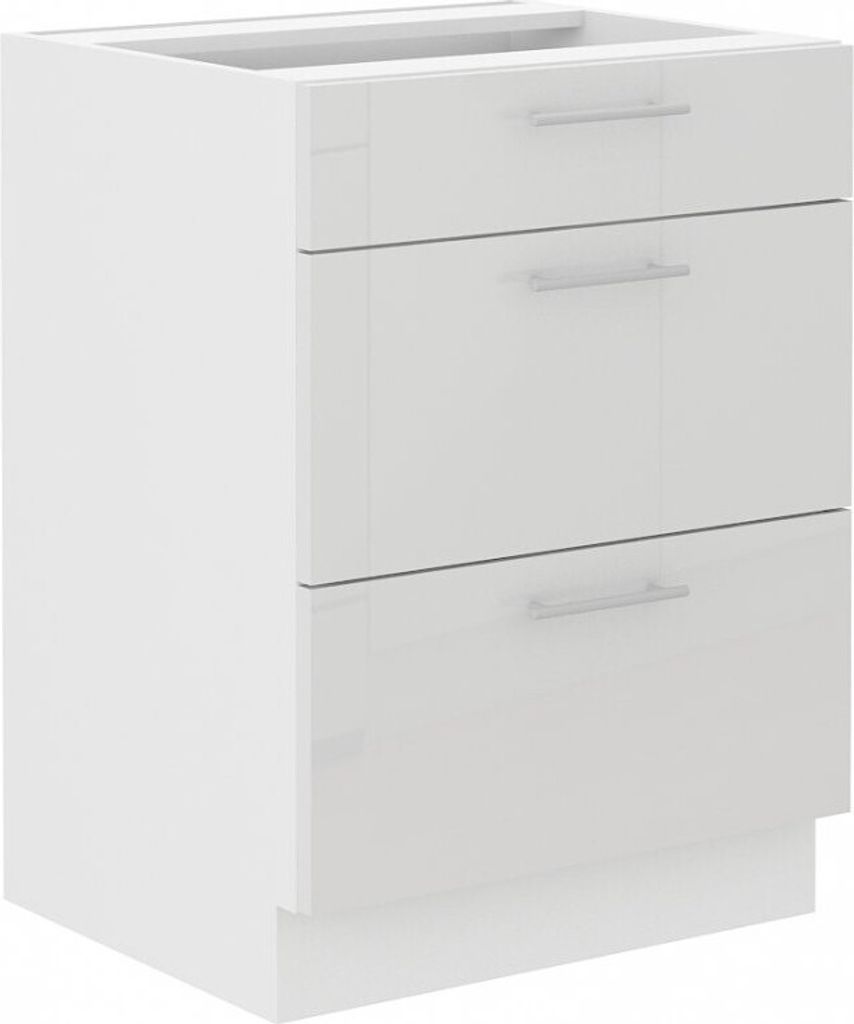 A white cabinet with three drawers.