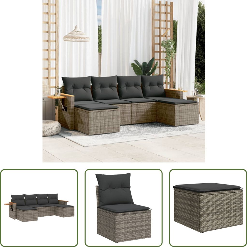 The Living Store 6-tlg. Garten-Sofagarnitur mit Kissen Grau Poly Rattan