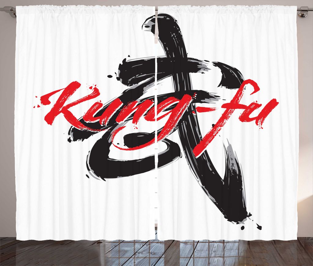 ABAKUHAUS Kung Fu Rustikaler Gardine, Ink Pinsel Geschrieben Logogramms, Wohnzimmer Universalband Gardinen mit Schlaufen und Haken, 280 x 225 cm, K...