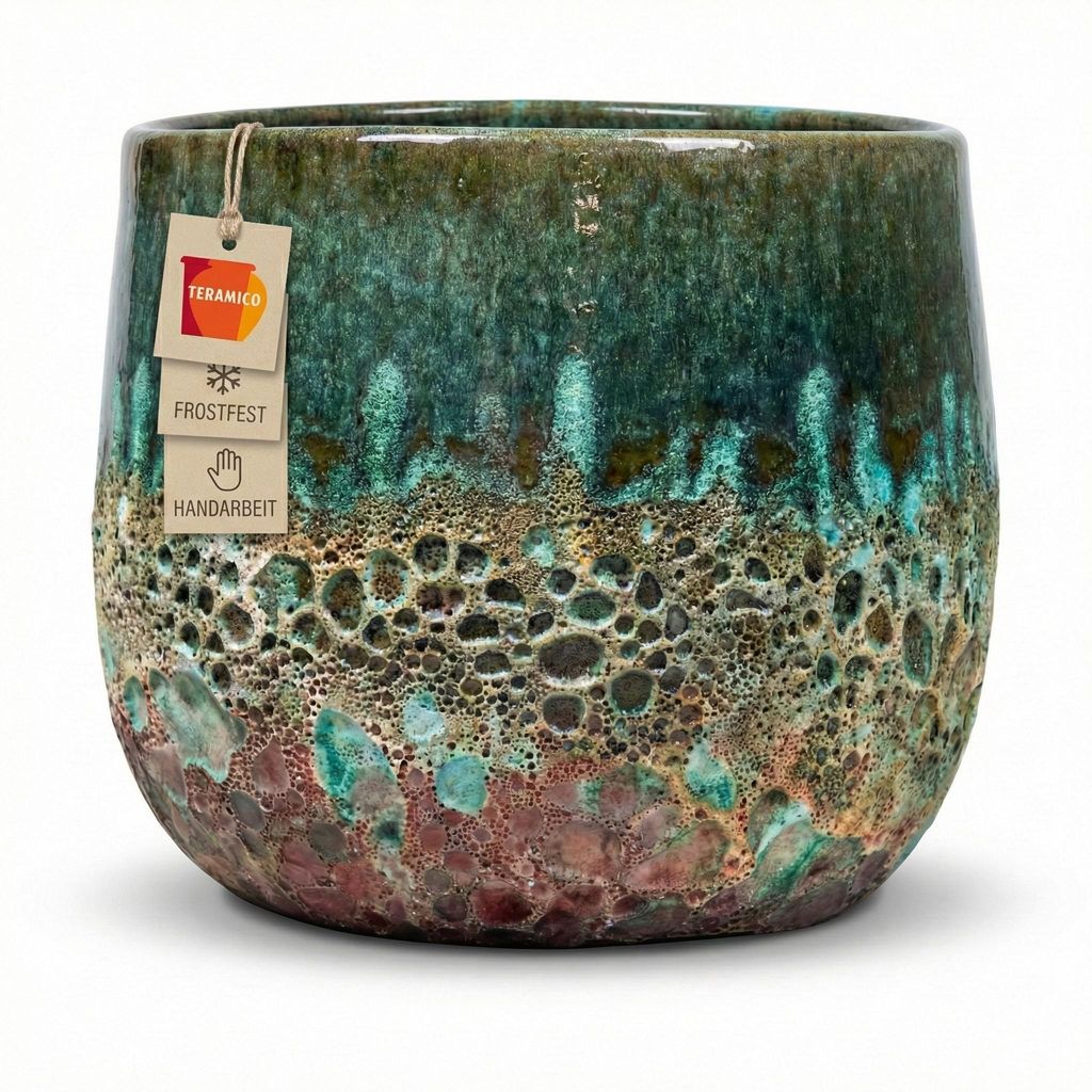 A ceramic pot with a textured, multi-colored glaze.