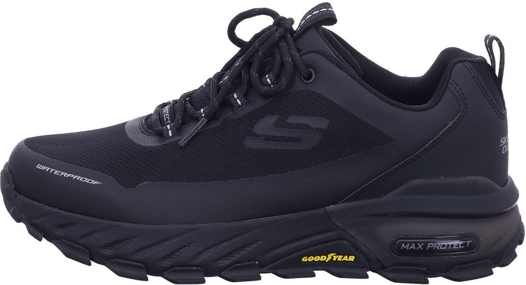 A black Skechers sneaker is shown from the side against a white background.