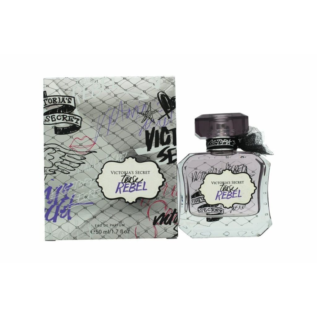 A Victoria's Secret Tease Rebel Eau de Parfum bottle and its packaging are displayed against a white background.