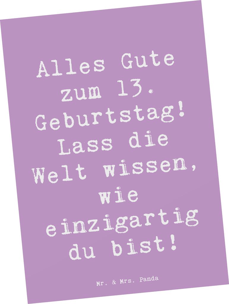 Mr. & Mrs. Panda Postkarte Spruch 13. Geburtstag - Lavendeltraum - Geschenk, bildkarte, Feier, einzelkarte, Grußkarte, einzigartig, Meilenstein, A...