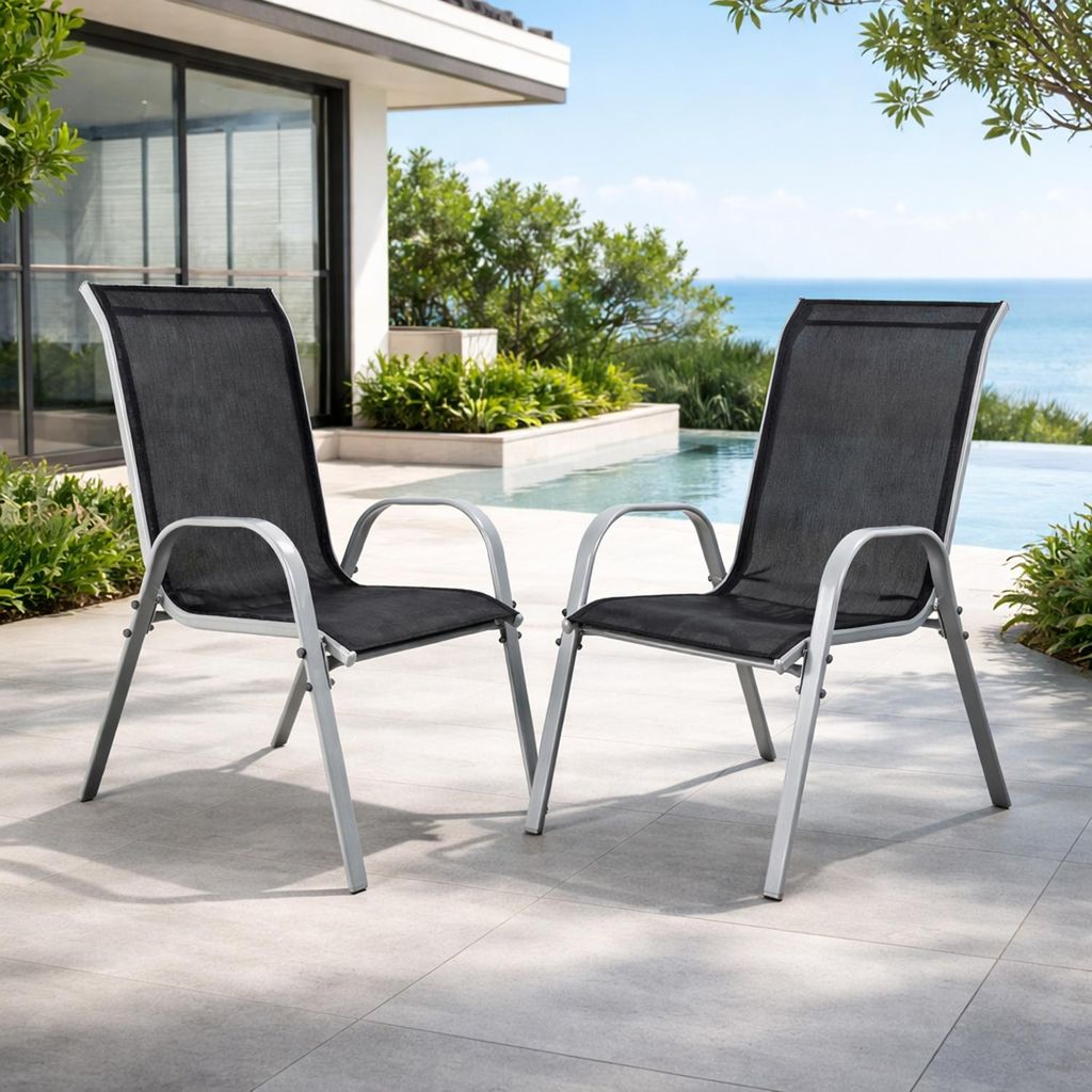 2xOutdoorstuhl Gartenstuhl Stapelstuhl Metall Silber Textilen Schwarz