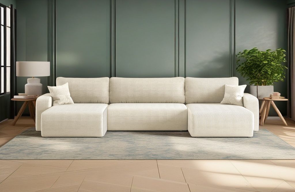 Kaiser Möbel Ecksofa mit schlaffunktion und bettkasten, Sofa U-form, Couch U-form MILANO Dicker Cord Ecru
