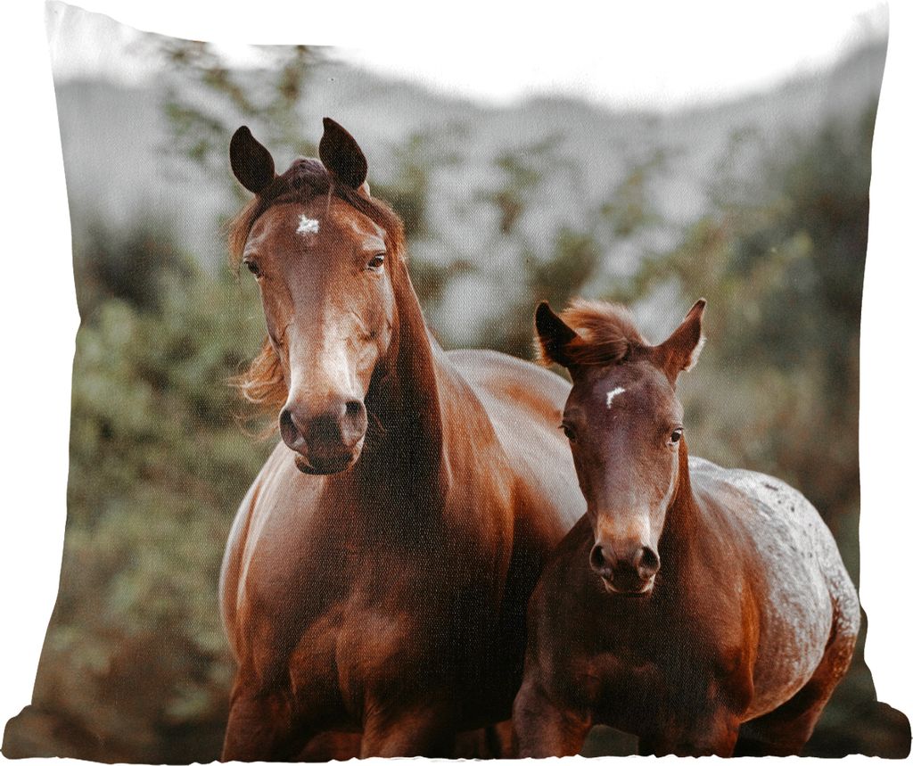 MuchoWow Zierkissen Sofakissen Wohnzimmer Dekokissen 60x60 cm Pferde - Wald - Berge - Sitzfläche - Foto Polster