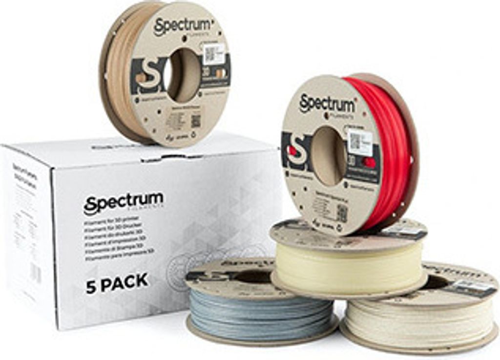 Spectrum 3D Filament, PLA specials, 1,75mm, 5x250g, 80754, Mischung Stone Light, Stone Dark, Thermoactiv Red, Wood OAK, Glow Green