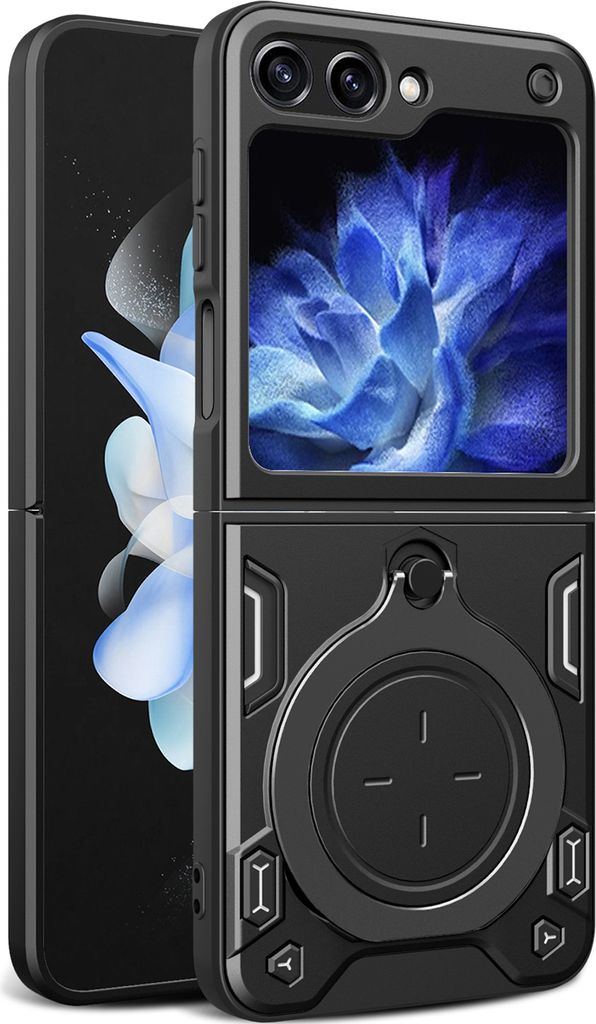 Handyhülle für Samsung Galaxy Z Flip 6 / Z Flip 7 FE Dual-Layer Stoßfest Rüstung Hülle mit Kreisförmig Ring Ständer Schwarz
