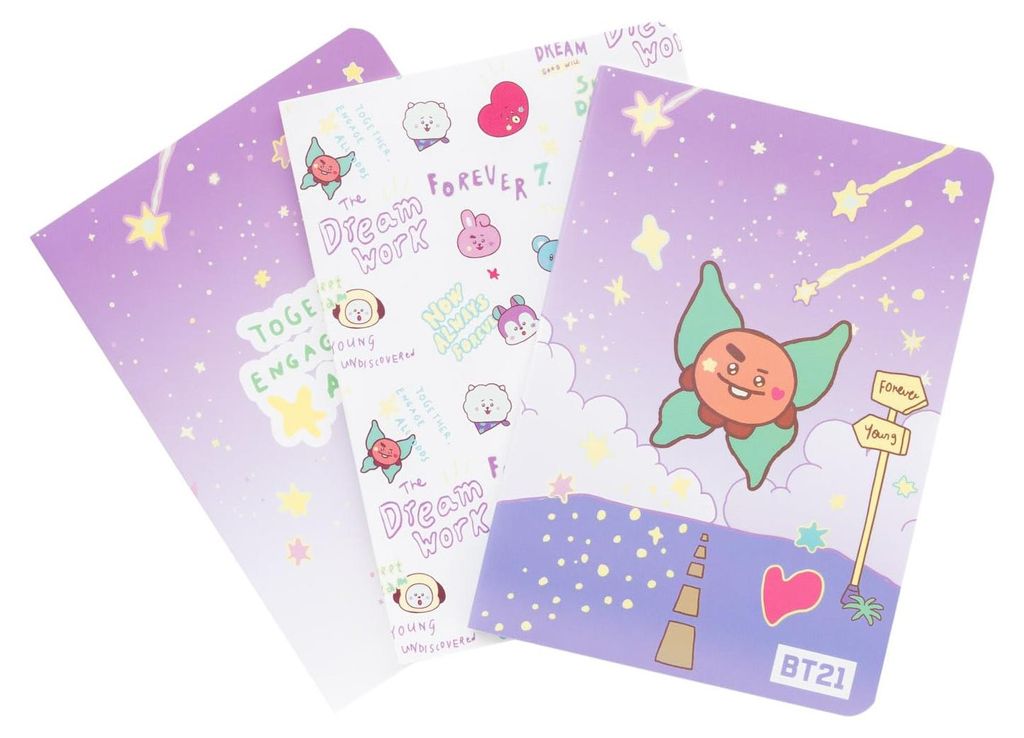 Grupo Erik 3er Pack BT21 Notizbücher A6, 1 liniert, 1 dotted, 1 blanko, Kawaii Schulsachen