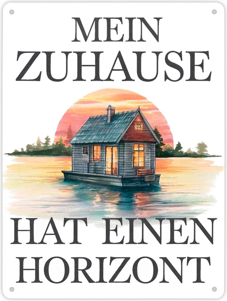 Hausboot auf Wasser Metallschild XL in 21x28 cm - Zuhause mit Horizont