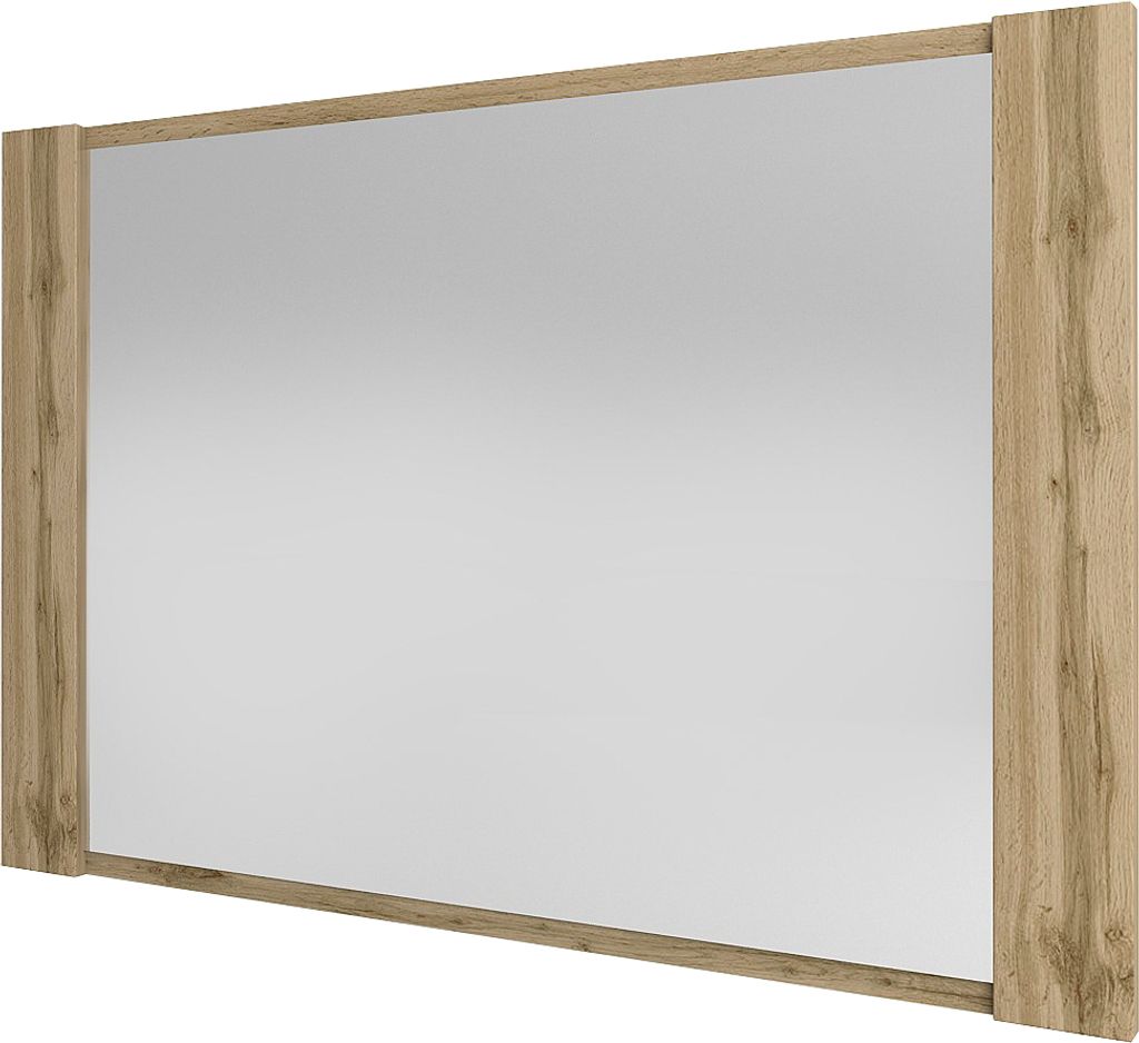 A rectangular mirror with a wooden frame.