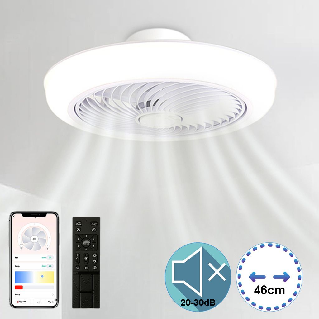 Deckenventilator mit Beleuchtung Fernbedienung APP,36W Lampe mit Ventilator Dimmbar 6 Geschwindigkeiten 3 Lichtfarben Φ46cm Leise für Zimmer Büro
