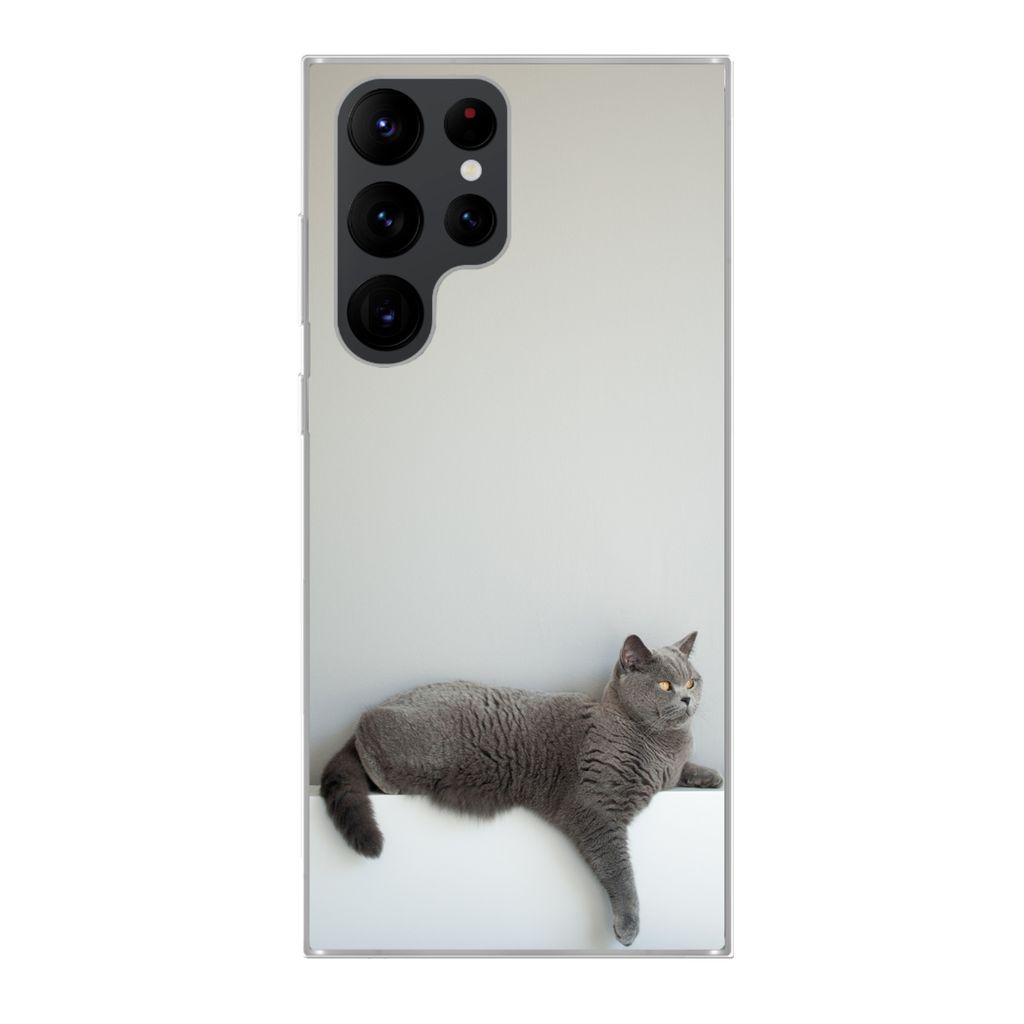 MuchoWow Handyhülle Schutzhülle Hülle für Samsung Galaxy S22 Ultra Katze - Britisch Kurzhaar - Grau - Mädchen - Kinder - Jungen - Kinder Sil...