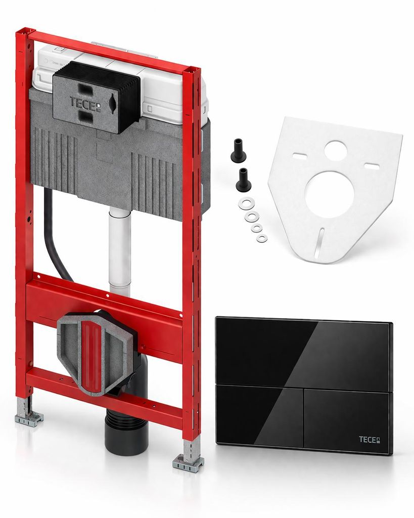 BADfabrik24 TECEprofil WC-Modul 1120 mm mit Uni-Spülkasten + TECEsquare Betätigungsplatte Zweimengen Glas Schwarz glänzend, Tasten Schwarz glän...