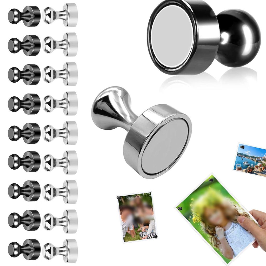 20 kleine Magnete (12 x 16 mm), Whiteboard-Magnete, starke Magnetkraft, Kühlschrankmagnete, Fotomagnete, silber und schwarz, zum Befestigen von Pa...