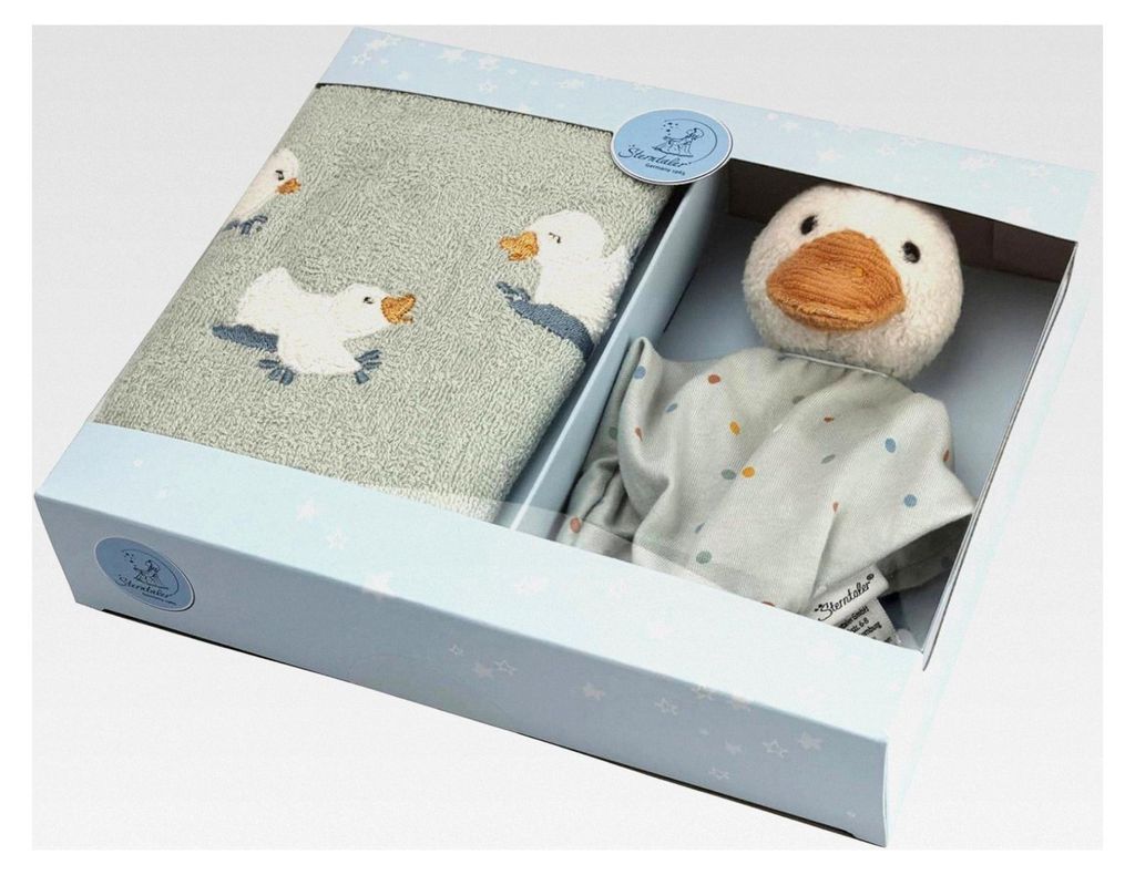 Geschenkset Ente Edda Lou mit Kinderhandtuch und kleinem Schmusetuch mit Rassel, ab Geburt
