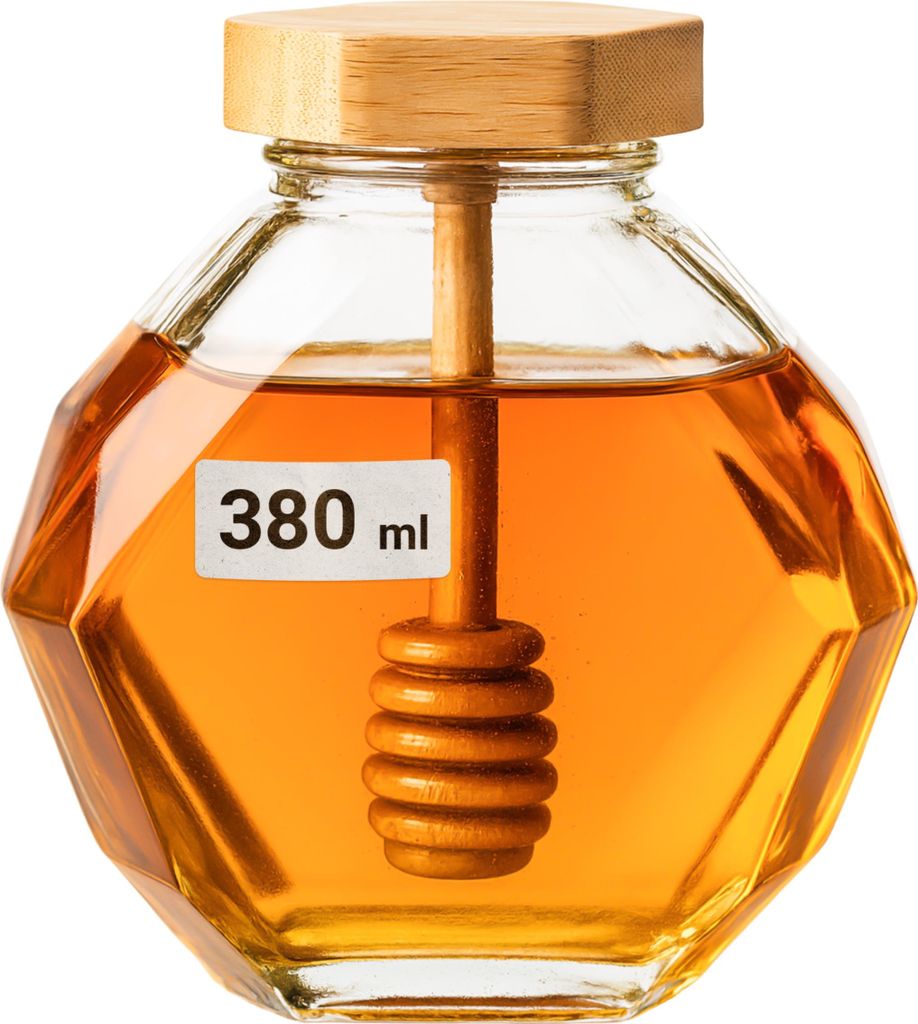 Honigglas 380 ml mit Bambusdeckel und Integriertem Produktbild 
