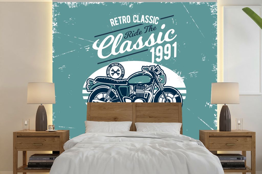 MuchoWow Fototapete für Wohnzimmer oder Schlafzimmer Wandtapete Vinyl Motivtapete Motorrad - Werkzeuge - Retro - 350x350 cm - Schlafzimmertapete
