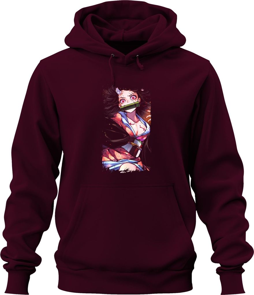Nezuko Demon Slayer Bambusknebel rosa Augen Geschenk manga kawaii Uni Hoodie Kapuzenpullover, Burgundy, XL