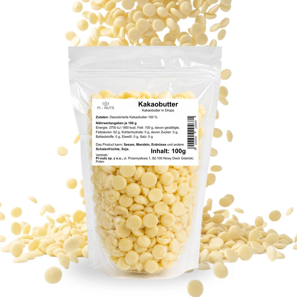 Kakaobutter (Kakaofett) 100% desodoriert in Drops 100g– Produktbild 