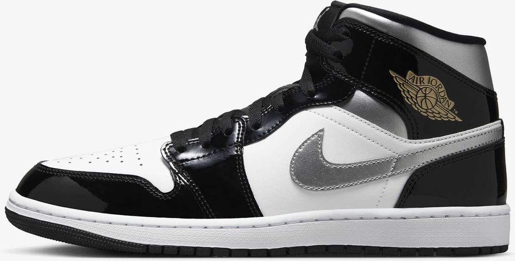Nike Air Jordan 1 Mid SE "Patent Black White Metallic Silver Metallic Gold", Größe: 41