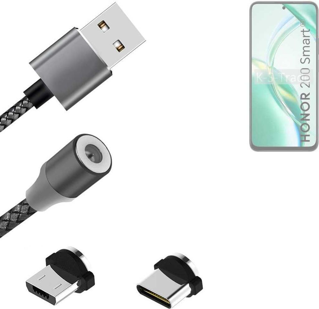 K-S-Trade Hochwertiges Magnet-Lade-kabel Sync-Kabel Daten-Kabel kompatibel mit Honor 200 Smart mit USB-Typ-C-Anschluss und Micro-USB-Anschluss 2A bis