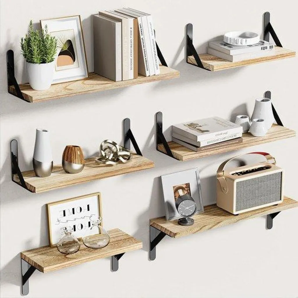 Étagère murale suspendue bois lot de 6 pour cadres et petites plantes