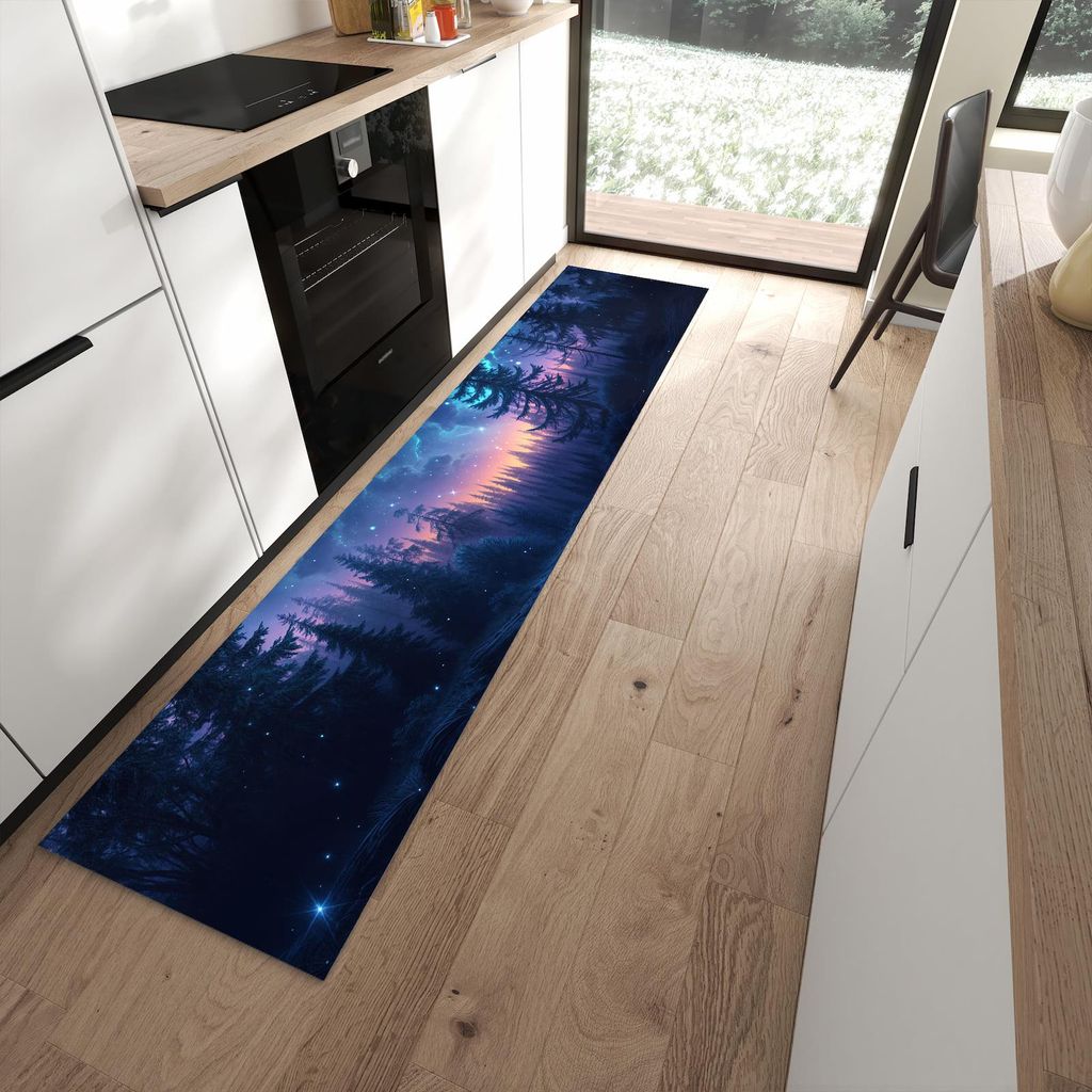 Küchenteppich 60x270cm rutschfest & abwischbar PVC Läufer - Nachthimmel Wald