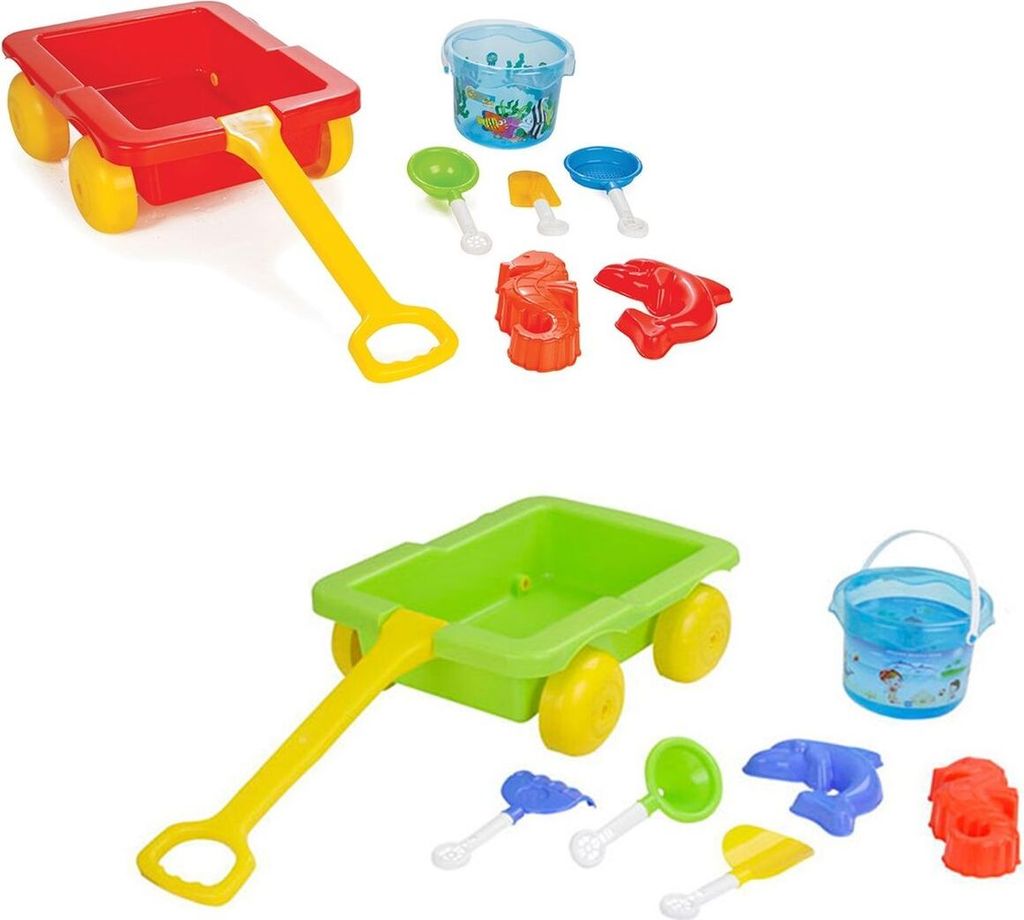 Pilsan 06112 Sandspielzeug Set mit Ziehwagen, Eimer, Förmchen, Schaufeln, Rechen