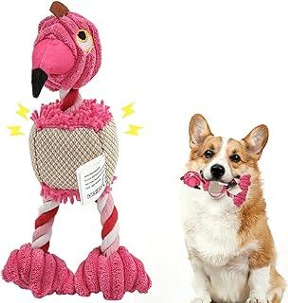 Hund Quietschspielzeug mit Hundespielzeug Seil, Plüsch Quietschendes Hundespielzeug, Plüsch Kauspielzeug mit Flamingosform, Tauziehen Plüschhund...