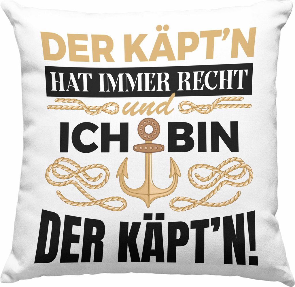 Trendation - Kapitän Deko-Kissen mit Füllung 40x40 Geschenk Käptn Lustiger Spruch Bootsfahrer Sportboot Herren Segler Segeln Motoboot (Grau)