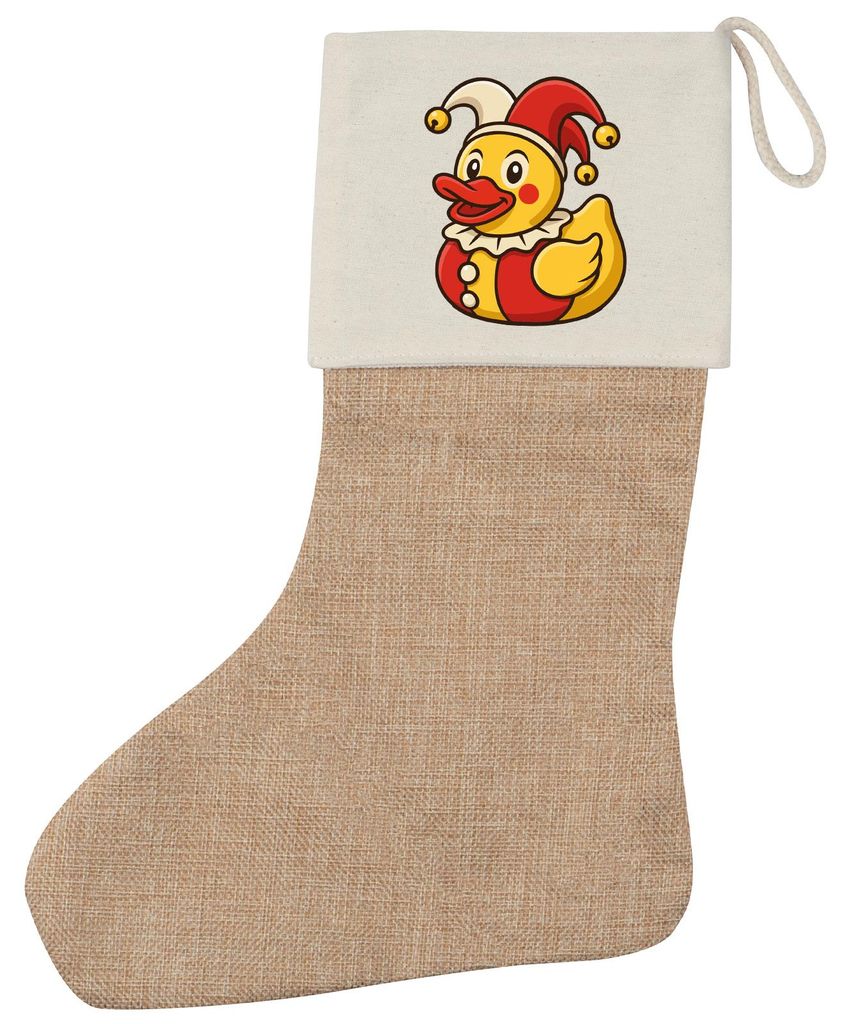 Huuraa Weihnachtsstrumpf Quietscheente Joker Gummiente Hofnarr Beige Jute Kaminstrumpf Geschenkidee