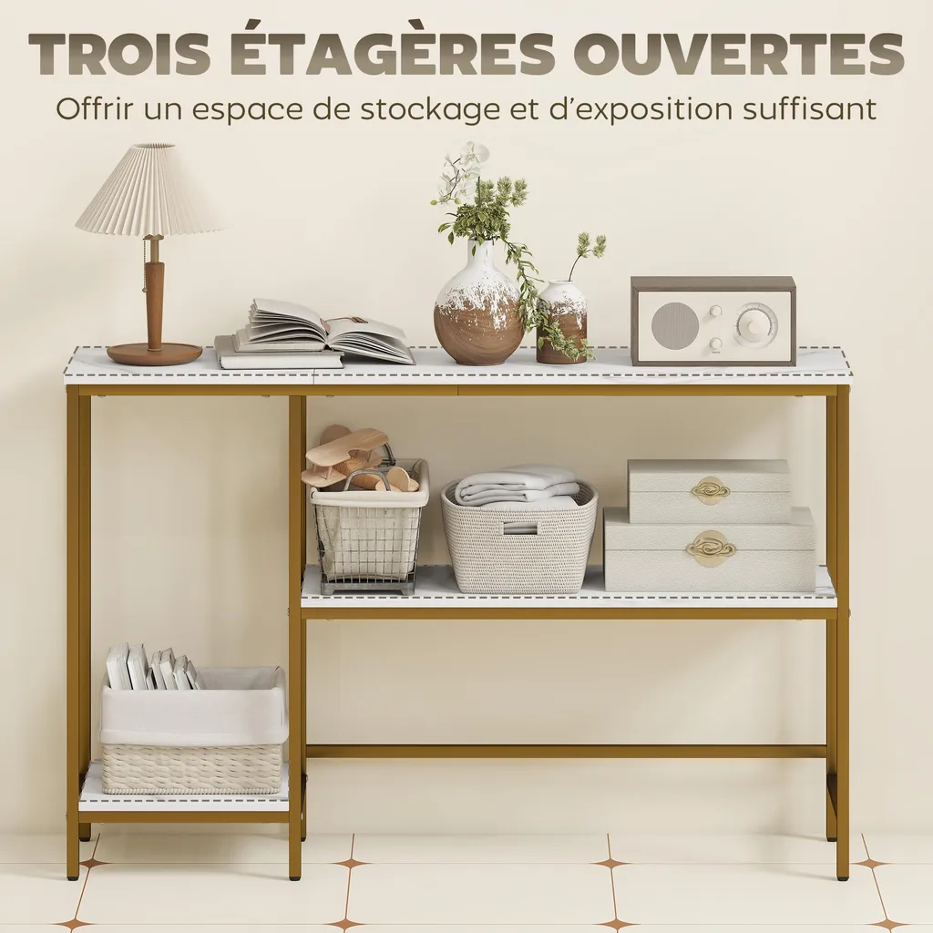 Console 120 cm gain de place : rangement chic blanc et doré marbre