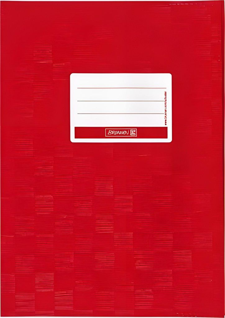 A red notebook cover with a white label for writing information.