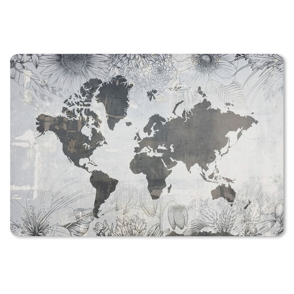 MuchoWow Schreibtischunterlage Weltkarte - Blumen - Holz 60x40 cm - XXL Mauspad - Großes Mauspad