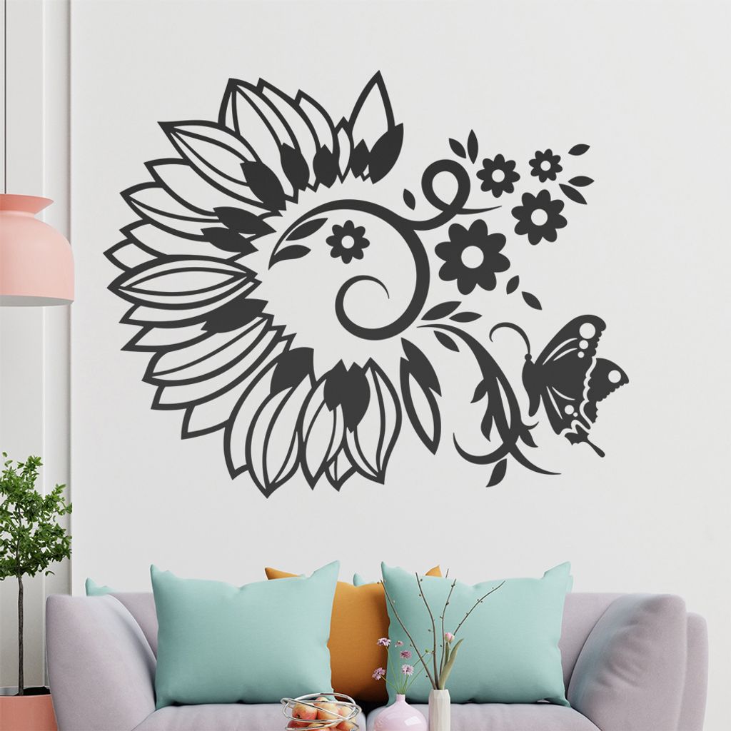 Falter Schmetterling Blüte Wandtattoo in 6 Größen - Wandaufkleber Wall Sticker - Dekoration, Küche, Wohnzimmer, Schlafzimmer, Badezimmer