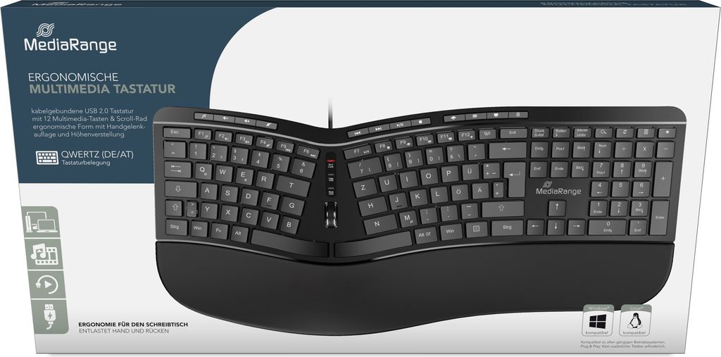 Mediarange Tastatur mit Kabel QWERTZ ergonisch Multimedia Produktbild 