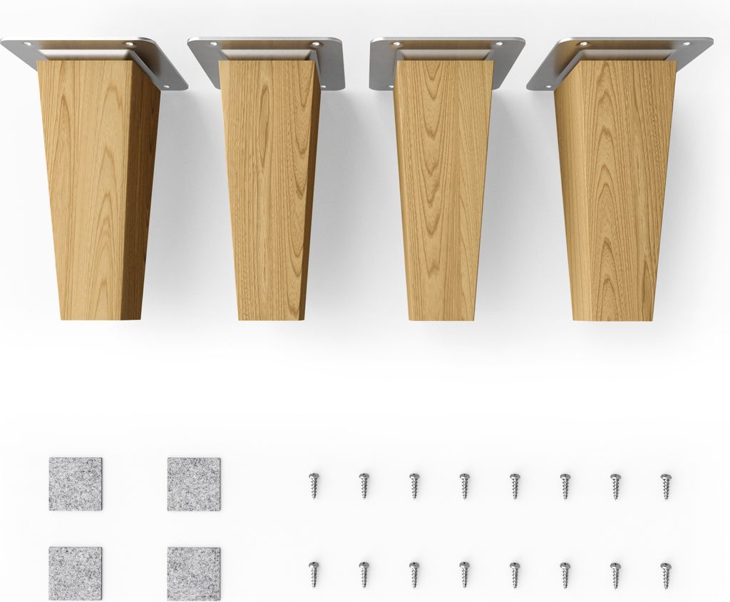 Four wooden furniture legs with metal mounting plates, along with felt pads and screws, are displayed against a white background.